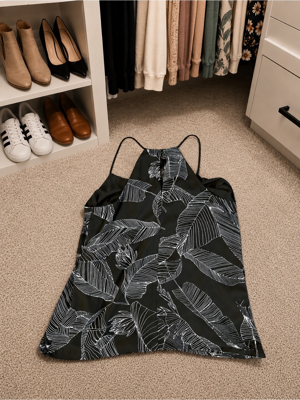 Dark Olive Green Leaf-Print Satin Cami Top